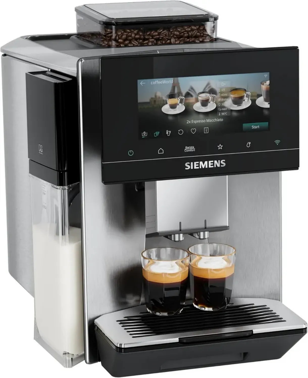 Siemens EQ900 Kaffeevollautomat, 6.8' Farbdisplay, automatisches Reinigungssystem, leise, 41 Getränkeoptionen, XL-Becherfunktion, Edelstahl